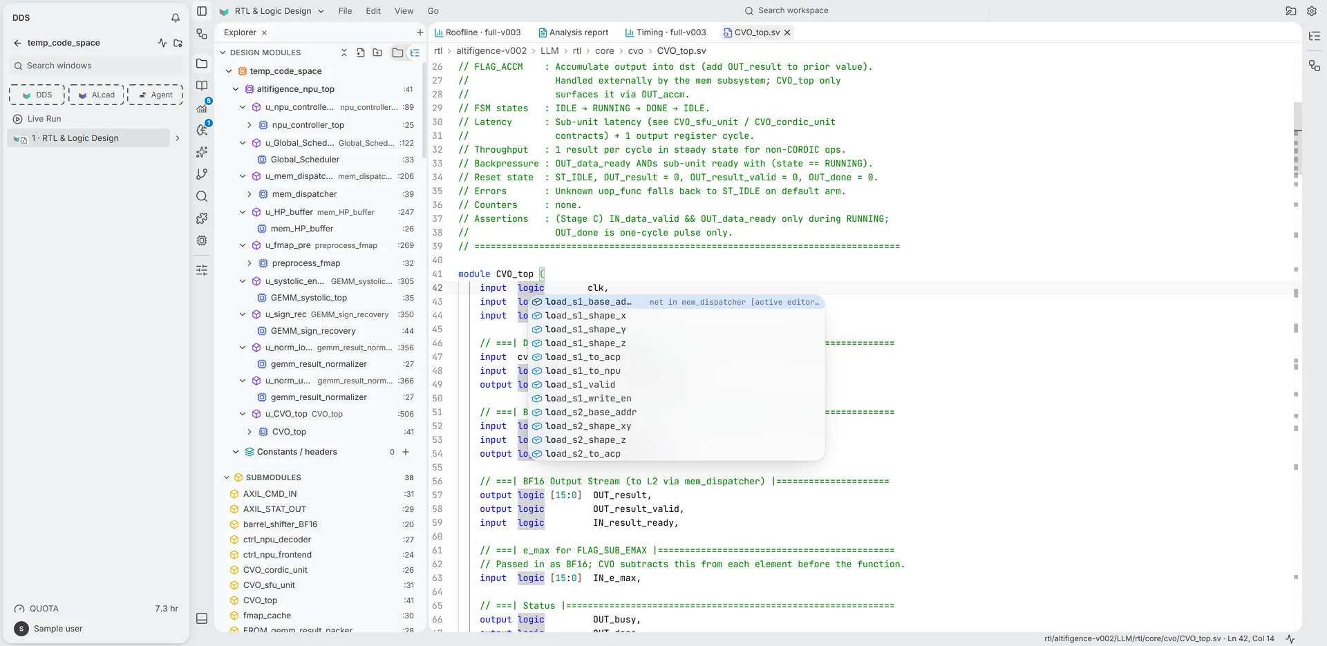 SystemVerilog source with module hierarchy and signal outline in Digital Design Studio