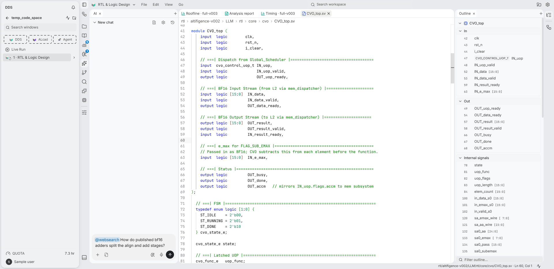 Agent in the AI panel beside a SystemVerilog source, with the weekly QUOTA