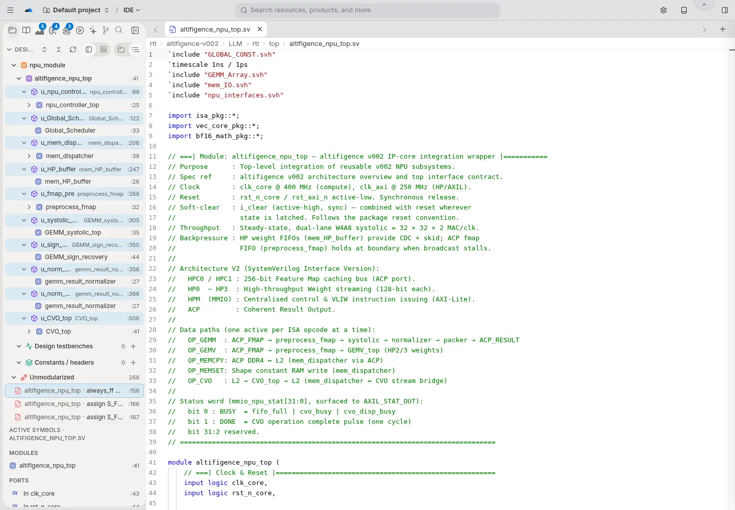 SystemVerilog IDE showing RTL hierarchy and SystemVerilog source editing